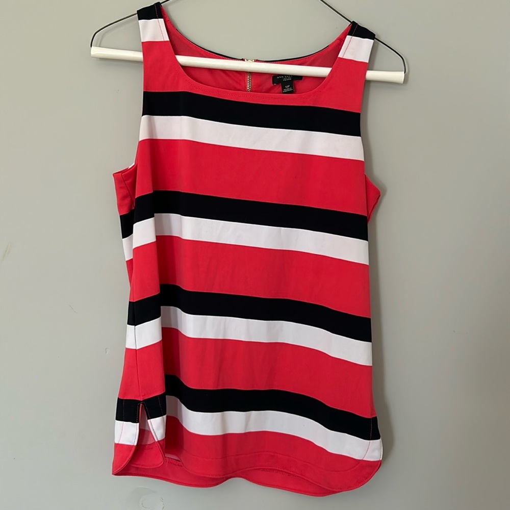 Ann Taylor petite small reddish pink white black striped tank top blouse